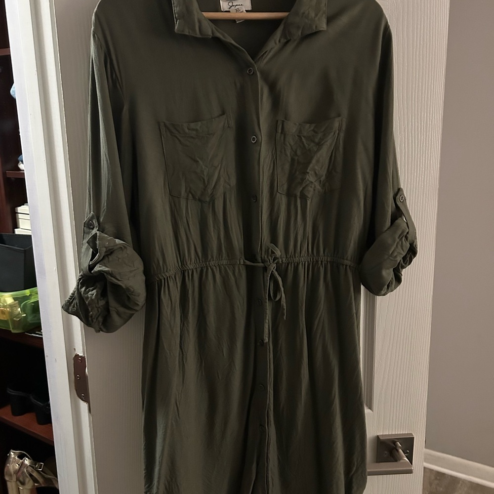 Japna Dark Green Long Sleeve Shirt Dress